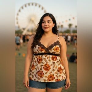 Vintage Plus Size 16 Floral Print Baby Doll Blouse Top 90's Y2K Coquette Brown